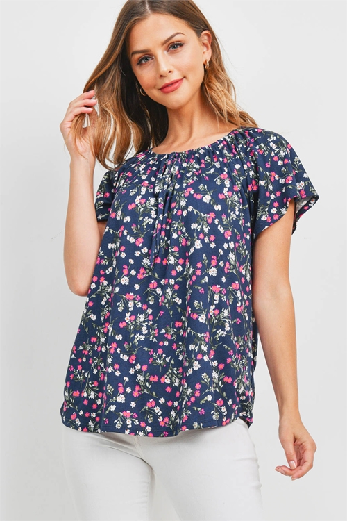 S9-19-1-PPT2479-NV-1 - OFF-SHOULDER FLORAL PRINT TOP- NAVY 0-1-2-2