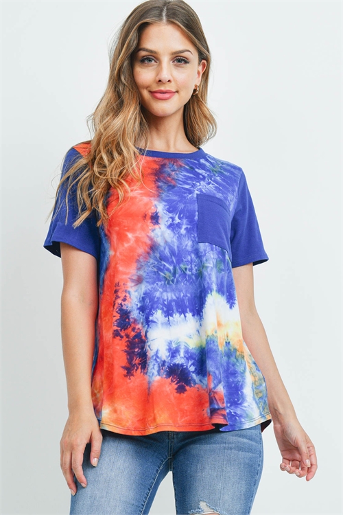 S8-5-1-PPT2480-AQTGCRLTQ - SOLID SHORT SLEEVES TIE DYE POCKET TOP- AQUA-TANGERINE-CORAL/TURQUOISE 1-2-2-2