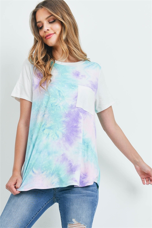 S8-3-1-PPT2480-PKMNTLLCIV - SOLID SHORT SLEEVES TIE DYE POCKET TOP- PINK-MINT-LILAC/IVORY 1-2-2-2