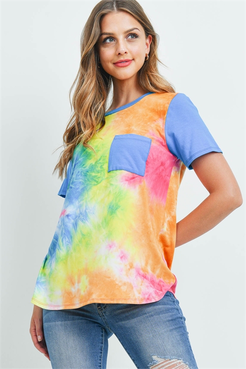 SA3-4-2-PPT2480-TQHTPKBYLWTQ - SOLID SHORT SLEEVES TIE DYE POCKET TOP- TURQUOISE-HOT PINK-B. YELLOW/TURQUOISE 1-2-2-2