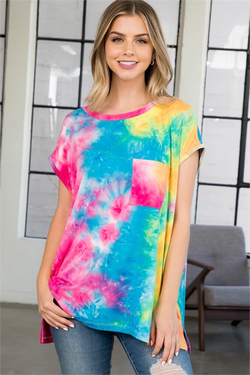 S11-20-3-PPT2481-TQHTPKBYLW - ROUND NECK TIE DYE LOOSE POCKET TOP- TURQUOISE-HOT PINK-B. YELLOW 1-2-2-2