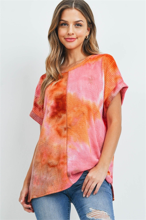 S10-19-4-PPT2482-ORGPK-1 - REVERSE COVER STITCH WAFFLE TIE DYE TOP- ORANGE-PINK 0-2-2-2