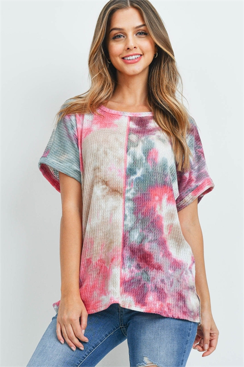 S10-19-4-PPT2482-OVPK-1 - REVERSE COVER STITCH WAFFLE TIE DYE TOP- OLIVE-PINK 0-2-2-2