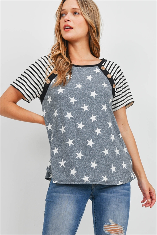 S7-8-2-PPT2483-BKBKBK - STRIPES BUTTON DETAIL SLEEVE STAR PRINT TOP- BLACK-BLACK-BLACK 1-2-2-2