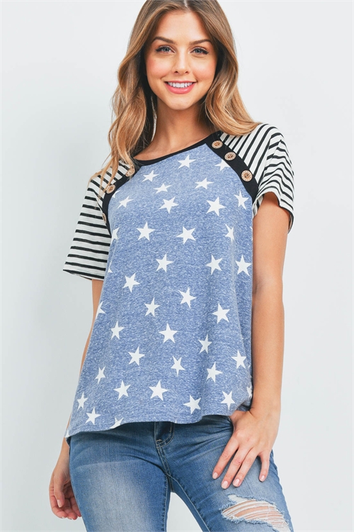 S8-11-2-PPT2483-NVBKBK-1 - STRIPES BUTTON DETAIL SLEEVE STAR PRINT TOP- NAVY-BLACK-BLACK 4-7-1-0