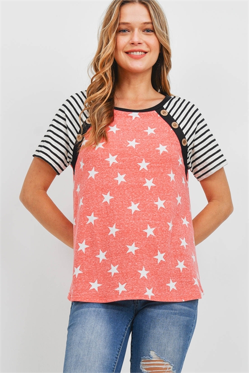 S7-3-2-PPT2483-RDBKBK - STRIPES BUTTON DETAIL SLEEVE STAR PRINT TOP- RED-BLACK-BLACK 1-2-2-2