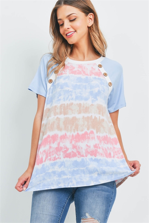 S10-13-1-PPT2484-CRLBLBBYBLIV - BUTTON DETAIL TIE DYE TOP- CORAL-BLUE/BABY-BLUE 1-2-2-2