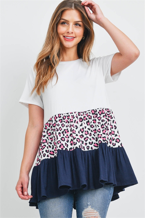 S8-8-4-PPT2492-IVFCHNV-1 - LEOPARD TIERED RUFFLE PRINT CONTRAST TOP- IVORY-FUCHSIA-NAVY 0-2-1-2
