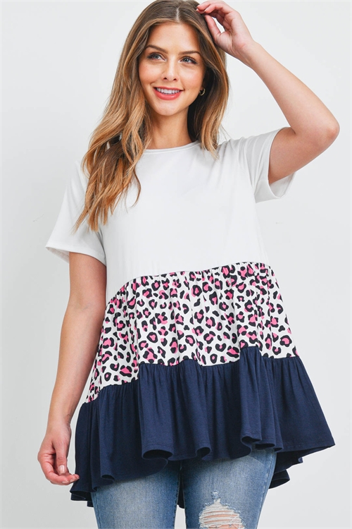 S15-9-3-PPT2492-IVFCHNV - LEOPARD TIERED RUFFLE PRINT CONTRAST TOP- IVORY/FUCHSIA/NAVY 1-2-2-2 (NOW $4.75 ONLY!)