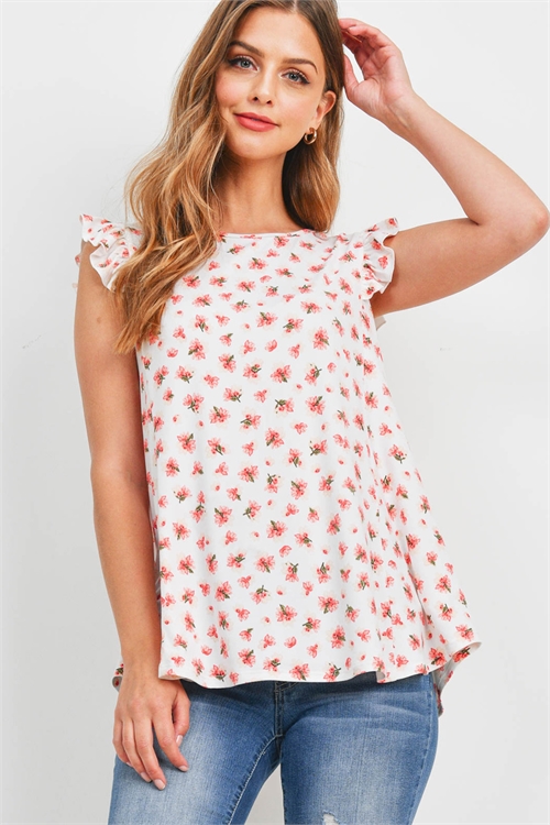 S5-1-3-PPT2495-IVRD-1 - RUFFLE CAP SLEEVE FLORAL SWING TOP- IVORY RED 0-0-2-1