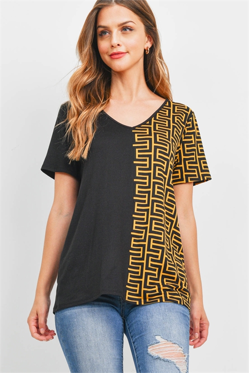 S10-19-2-PPT2503-BKBKGD-1 - GEOMETRIC PATTERN CONTRAST V-NECK TOP- BLACK/BLACK-GOLD 0-1-2-2