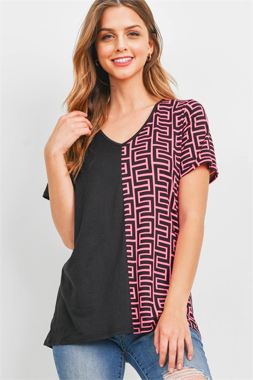 S13-1-3-PPT2503-BKPKBK - GEOMETRIC PATTERN CONTRAST V-NECK TOP- BLACK/PINK-BLACK 1-2-2-2