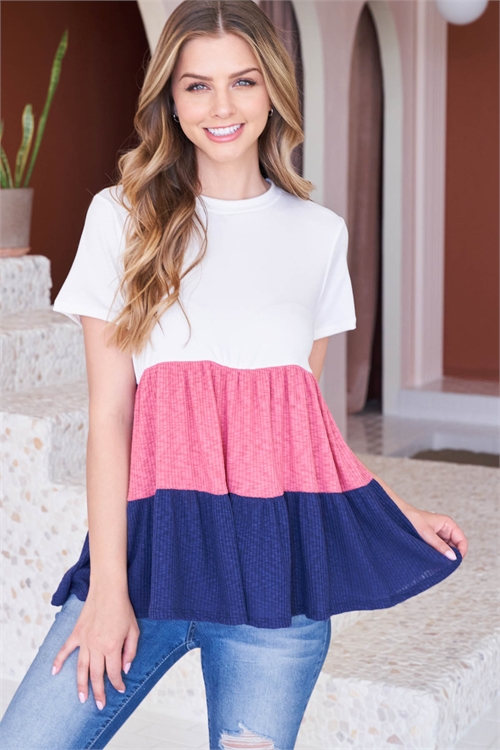 S12-5-5-PPT2505-IVLTMARNV-1 - RIB CONTRAST SHORT SLEEVE SWING TOP- IVORY/MARSALA/NAVY 1-1-2-1