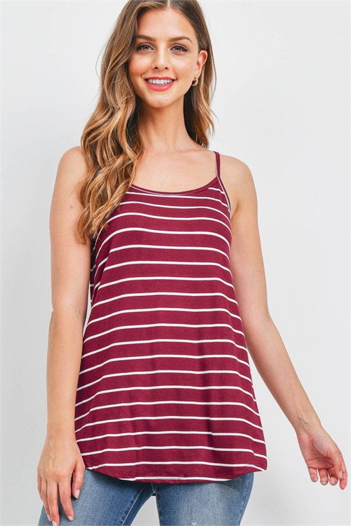 S12-12-2-PPT2507-BUIV - STRIPES ROUND HEM REVERSIBLE CAMI TOP- BURGUNDY-IVORY 1-2-2-2