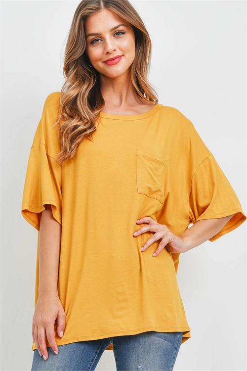 S11-16-3-PPT2509-MU - OVERSIZED ROUND NECK POCKET TOP- MUSTARD 1-2-2-2