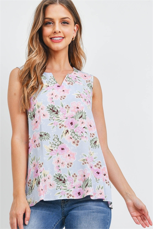 S10-14-3-PPT2513-GYISHBLLLC-1 - NOTCH NECK SLEEVELESS FLORAL TOP- GREYISH BLUE-LILAC 1-0-1-2