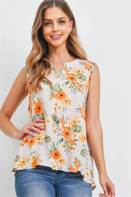 S10-14-3-PPT2513-RSTNTNGRN-1 - NOTCH NECK SLEEVELESS FLORAL TOP- ROSE TAN-TANGERINE 1-0-2-2