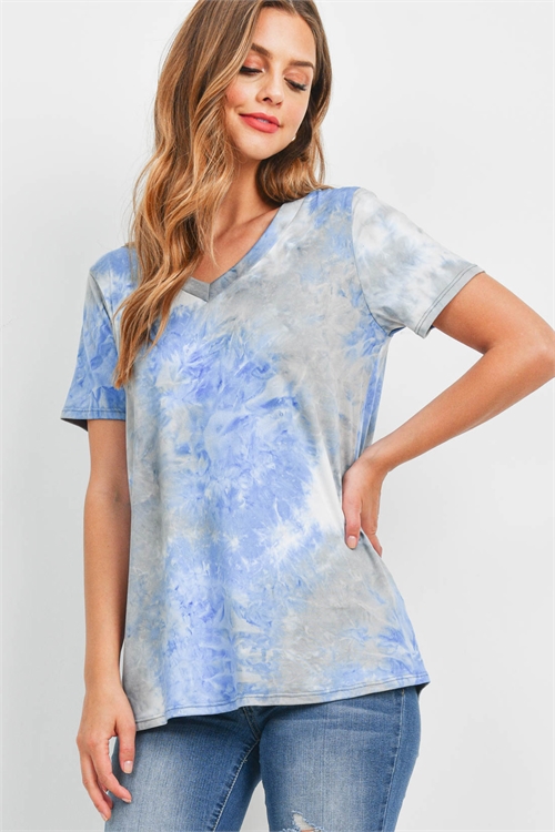 S13-8-2-PPT2514-SLVBL - V-NECK NECK SHORT SLEEVE TIE DYE TOP- SILVER-BLUE 1-2-2-2