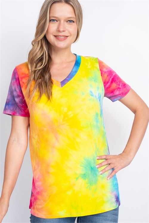 S10-7-4-PPT2516-TQHTPKBLW - SHORT SLEEVE TIE DYE V-NECK  TOP- TURQUOISE-HOT PINK-B. YELLOW 1-2-2-2