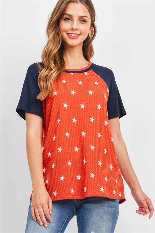 S13-8-2-PPT2517-TRCTIVNV - SOLID RAGLAN SLEEVES STAR PRINT WAFFLE TOP- TERRACOTA/IVORY-NAVY 1-2-2-2