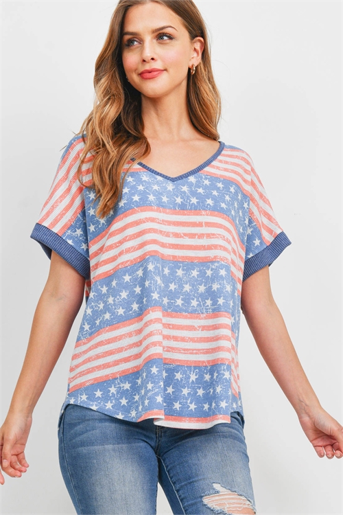 S11-1-2-PPT2525-DNMCRLNV - RIB NECK AND SLEEVE BAND AMERICAN FLAG TOP- DENIM/CORAL-NAVY 1-2-2-2 (NOW $ 4.00 ONLY!)