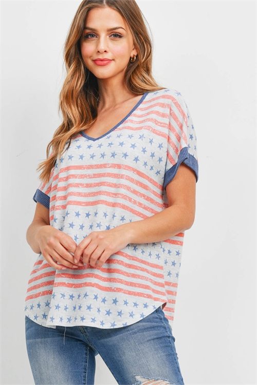 S12-6-1-PPT2526-IVCRLNV - AMERICAN FLAG RIB NECK AND SLEEVE BAND TOP- IVORY CORAL/NAVY 1-2-2-2