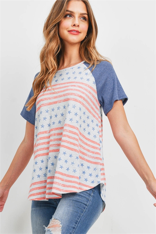 S16-2-3-PPT2529-IVCRLNV - RIB RAGLAN SLEEVE AMERICAN FLAG ROUN HEM TOP- IVORY/CORAL-NAVY 1-2-2-2 (NOW $ 4.00 ONLY!)