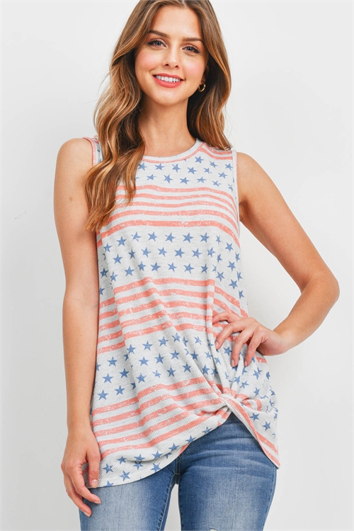 S15-4-2-PPT2530-IVCRL - TWIST FRONT USA FLAG TANK TOP- IVORY/CORAL 1-2-2-2 (NOW $ 4.00 ONLY!)