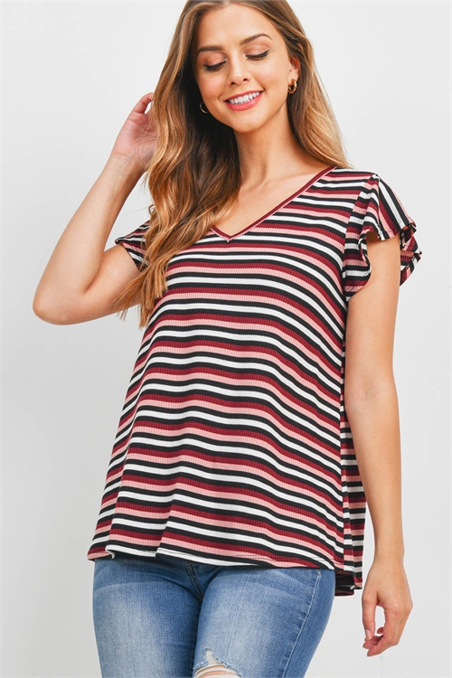 S14-9-2-PPT2531-BLSBUBK-1 - MULTI-COLOR STRIPES V-NECK BUTTERFLY SLEEVE TOP- BLUSH-BURGUNDY-BLACK 4