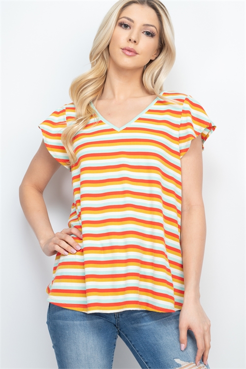 S10-16-3-PPT2531-DKCRLMUMNT-2 - MULTI-COLOR STRIPES V-NECK BUTTERFLY SLEEVE TOP- DARK CORAL-MUSTARD-MINT 3