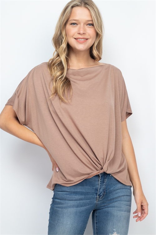 S9-13-4-PPT2533-MCNW-1 - BOAT NECKLINE TWIST FRONT SOLID TOP- MOCHA NEW 0-2-2-0