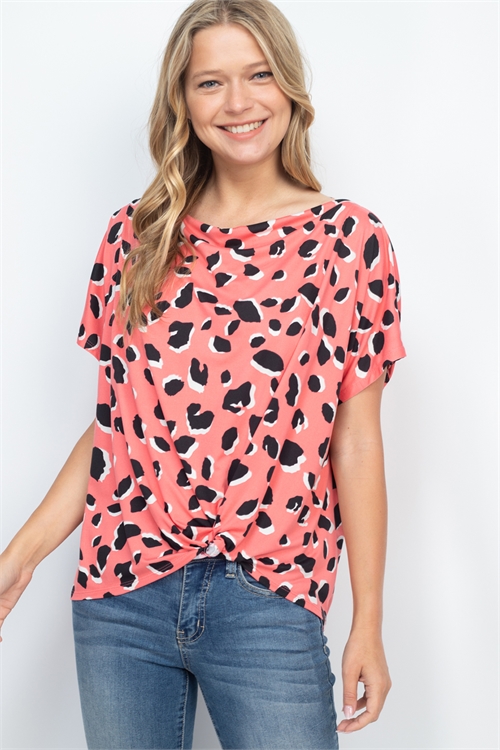 S16-10-4-PPT2534-CRLBK-1 - BOAT NECKLINE TWIST FRONT LEOPARD TOP- CORAL-BLACK 0-2-2-2