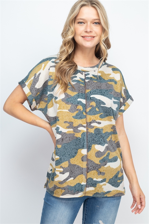 S16-10-3-PPT2536-TLMU - REVERSE COVER STITCH ROLLED SLEEVE CAMO TOP- TEAL-MUSTARD 1-2-2-2