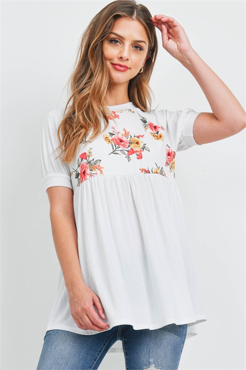 S11-15-3-PPT2539-IVIV-1 - PUFF SLEEVE FLORAL CONTRAST RIB TOP- IVORY/IVORY 0-2-2-2