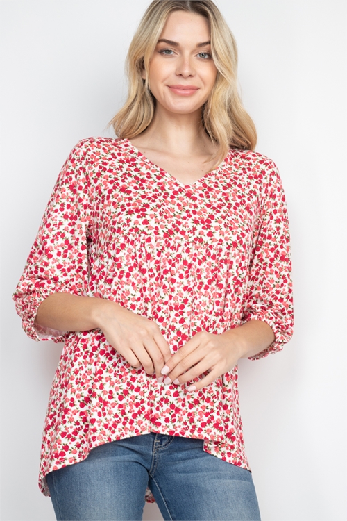 S10-2-4-PPT2540-IV - QUARTER PUFF SLEEVES FLORAL HI-LOW HEM TOP- IVORY 1-2-2-2