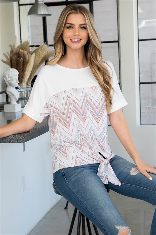 S11-16-2-PPT2543-TPCBIV-1 - ROLLED SLEEVE BOHO PRINT FRONT KNOT TOP- TAUPE COMBO/IVORY 1-0-0-2