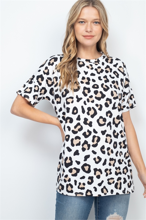 S10-20-3-PPT2546-IV-1 - ROUND NECK LONG HEM LEOPARD TOP WITH SIDE SLIT- IVORY 0-2-2-2