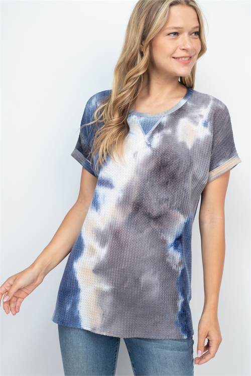 SA3-0-2-PPT2549-NV - ROLLED SLEEVE ROUND NECK WAFFLE TIE DYE TOP- NAVY 1-2-2-2