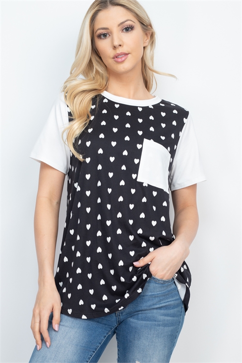 S10-12-3-PPT2552-BKCBIV-1 - HEART PRINT RAGLAN POCKET TOP- BLACK COMBO/IVORY 2-1-1-0