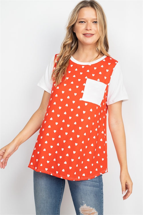 S14-3-4-PPT2552-RDCBIV - HEART PRINT RAGLAN POCKET TOP- RED COMBO/IVORY 1-2-2-2