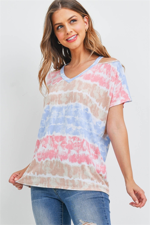 S9-20-3-PPT2564-CRLBL-1 - COLD SHOULDER V-NECK TIE DYE TOP- CORAL-BLUE 0-0-0-2