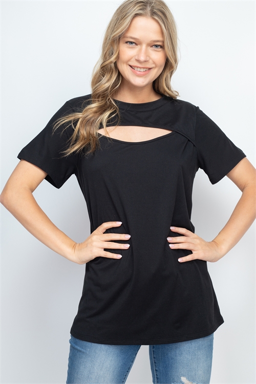 S13-10-1-PPT2567-BK - CUTOUT OPEN FRONT SHORT SLEEVE SOLID TOP- BLACK 1-2-2-2