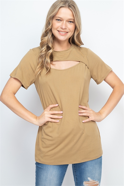 S12-9-2-PPT2567-DKCML-1 - CUTOUT OPEN FRONT SHORT SLEEVE SOLID TOP- DARK CAMEL 0-2-2-2