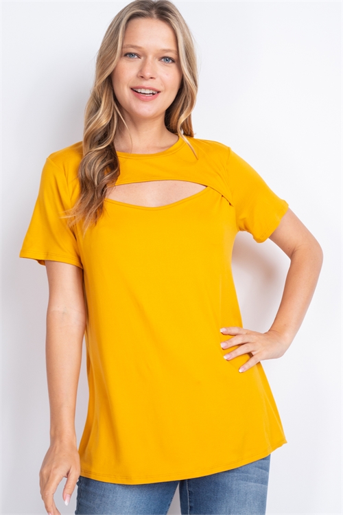 S12-9-1-PPT2567-DKMU-1 - CUTOUT OPEN FRONT SHORT SLEEVE SOLID TOP- DARK MUSTARD 0-2-1-2