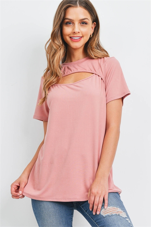 S11-17-1-PPT2567-MVNW - CUTOUT OPEN FRONT SHORT SLEEVE SOLID TOP- MAUVE NEW 1-2-2-2