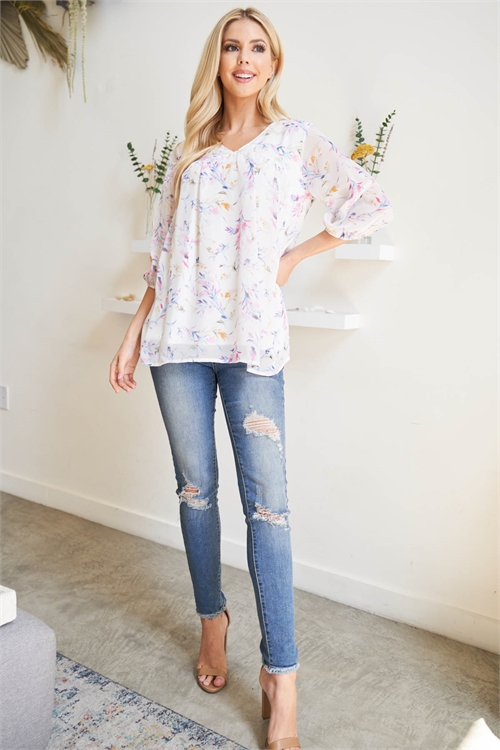 S8-11-4-PPT2572-IVCBNTL - QUARTER PUFF SLEEVES FLORAL TOP WITH INSIDE LINING- IVORY COMBO/NATURAL 1-2-2-2