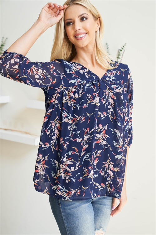 S10-17-4-PPT2572-NVCBNV-1 - QUARTER PUFF SLEEVES FLORAL TOP WITH INSIDE LINING- NAVY COMBO/NAVY 1-0-0-5