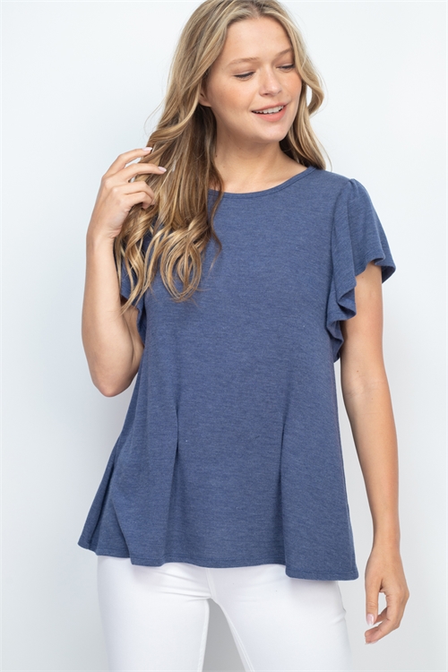 S16-11-1-PPT2574-DNMHT-1 - FLUTTER SLEEVE SOLID HACCI TOP- DENIM HEATHER 0-1-1-0