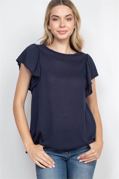 S16-11-1-PPT2574-MDNT-1 - FLUTTER SLEEVE SOLID HACCI TOP- MIDNIGHT 0-3-2-3