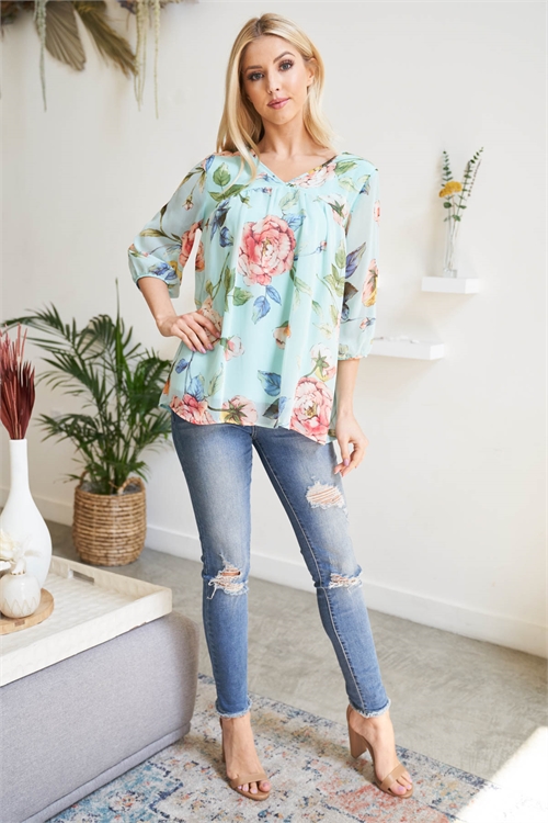 S15-7-3-PPT2578-MNTPCHGN - QUARTER PUFF SLEEVES BOLD FLORAL TOP WITH INSIDE LINING- MINT-PEACH/GREEN 1-2-2-2